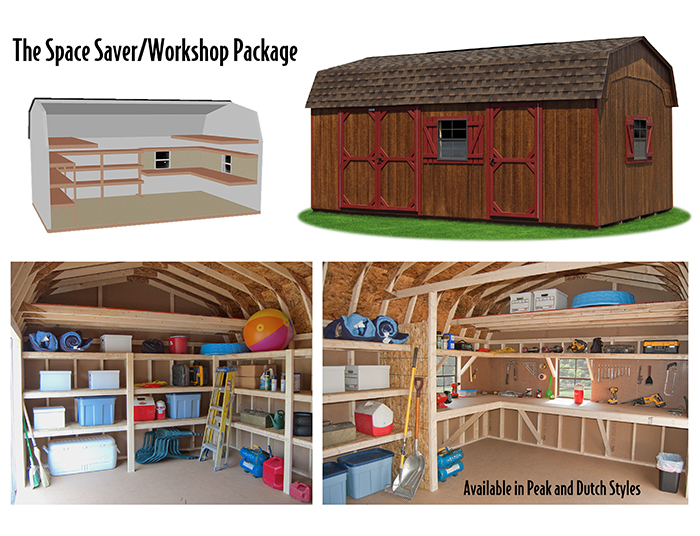 Custom Order a dutch barn style storage shed with an workshop shelving package