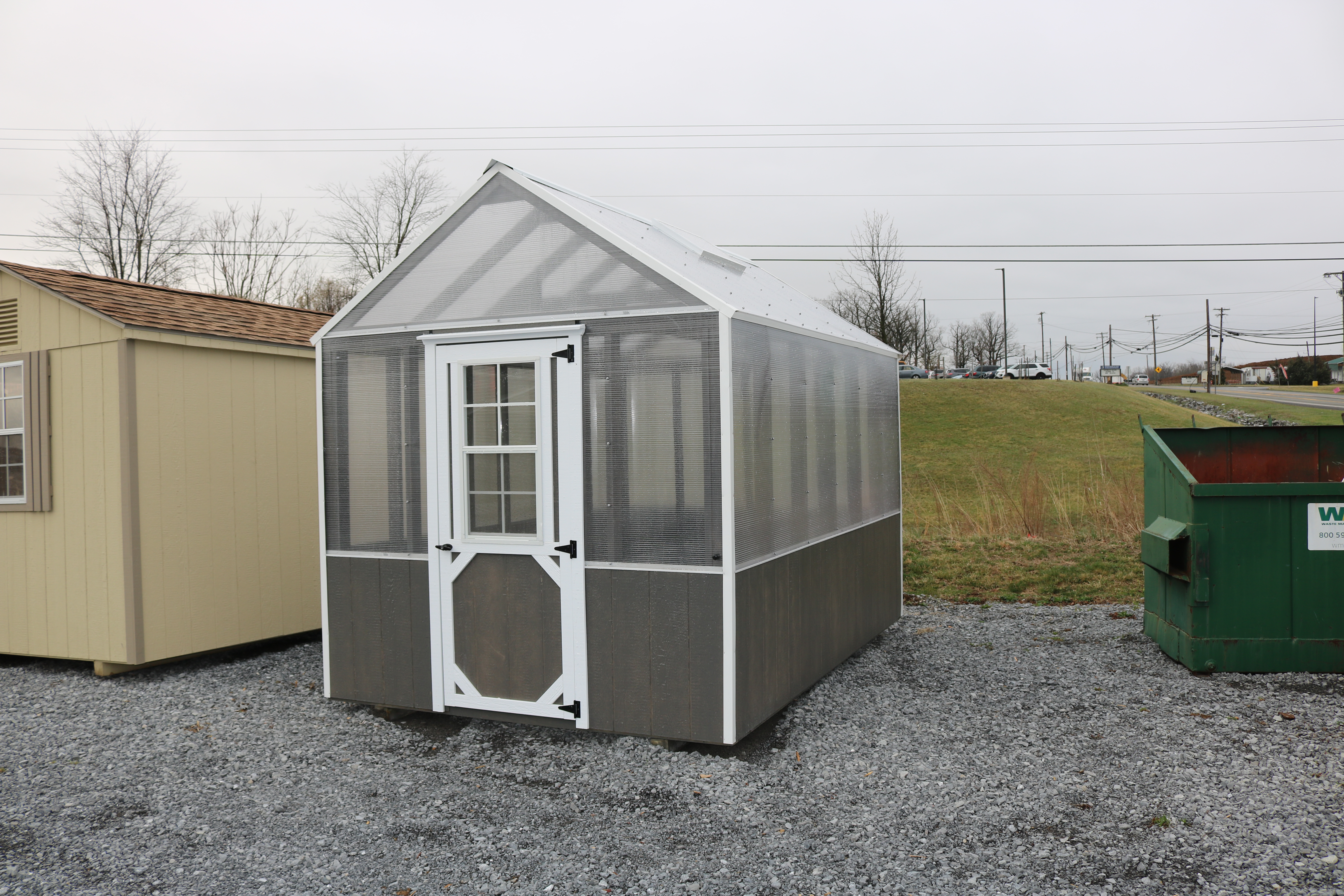 Pine Creek 8x12 Green House with Driftwood Polyurethane walls, White trim