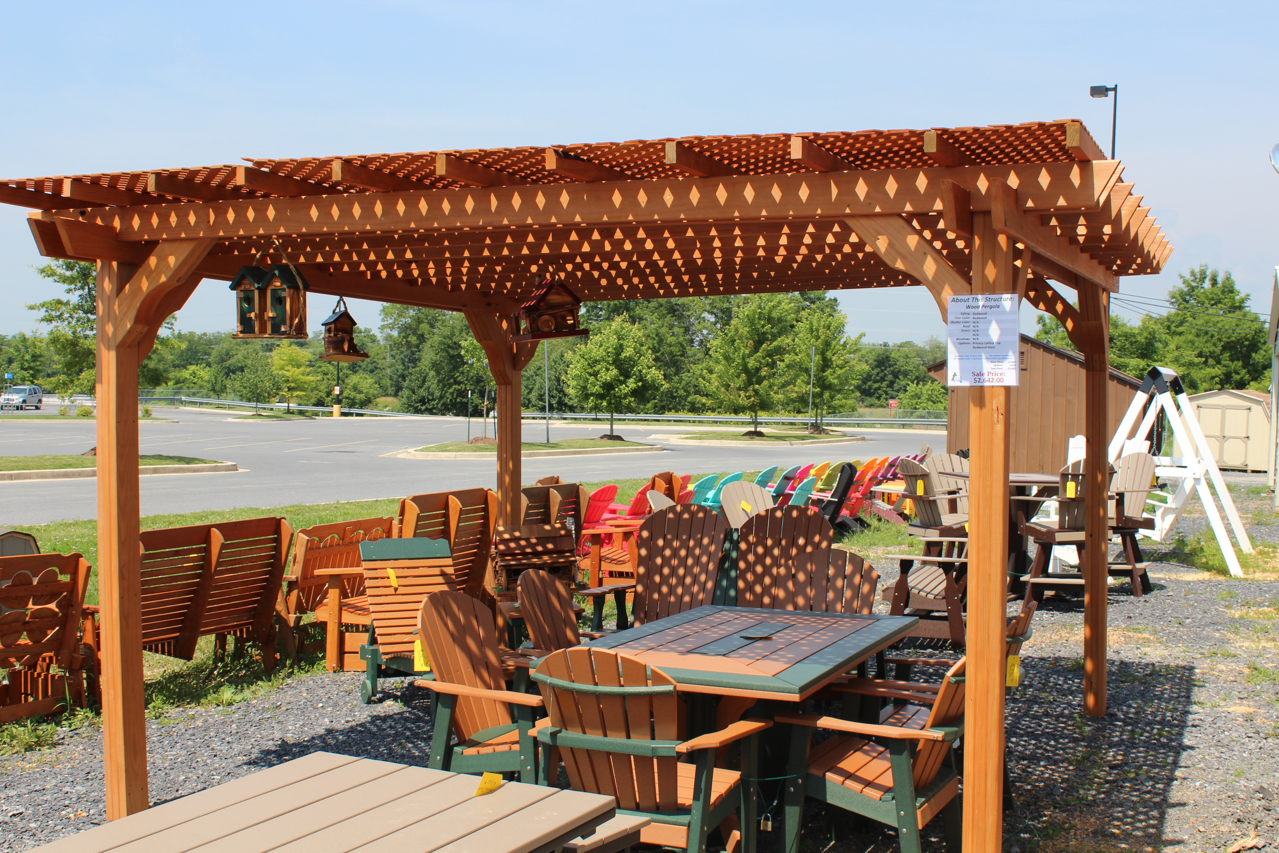 Pine Creek 12x12 Pergola with Redwood stain, and privacy lattice top