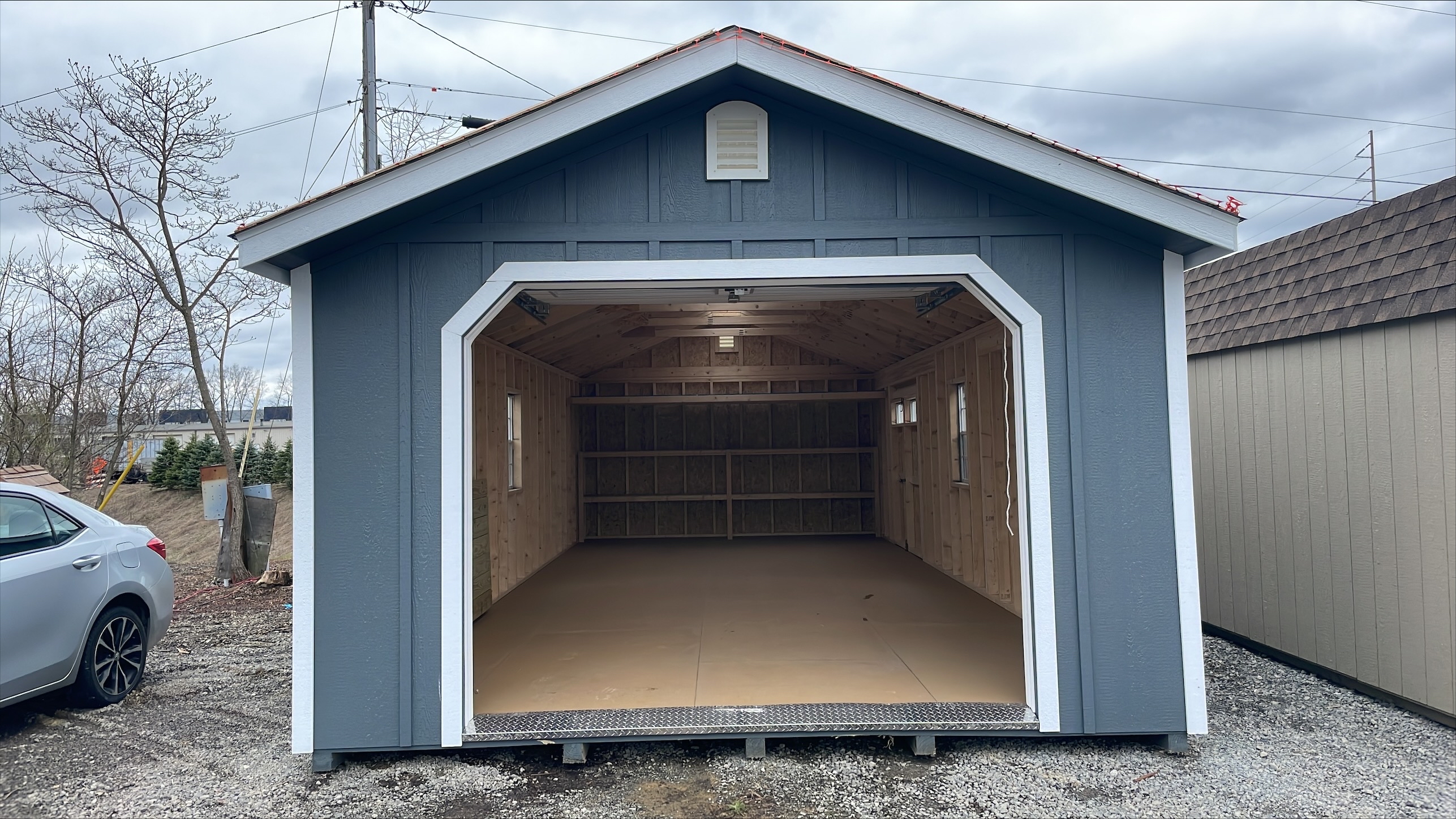 14x32 Peak Garage w Loft, Shelves and Clear Ridge Cap