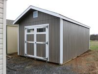 Pine Creek 12x20 HD New England Peak with Driftwood walls, White trim and White shutters, and Charcoal shingles