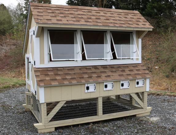 Pine Creek 6x8 Chicken Coop with Beige walls, White trim, and Shakewood shingles