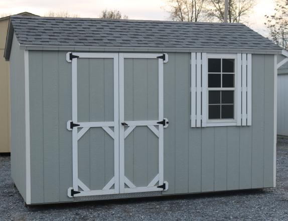 Pine Creek 8x12 Madison Peak with Light Gray walls, White trim and White shutters, and Oyster Gray shingles